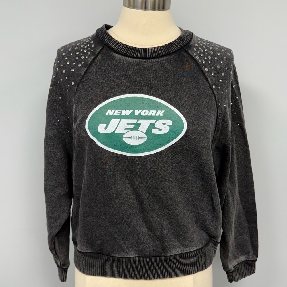 NWT New York Jets M Bling Shoulder Sweatshirt Black Heather Gameday Couture